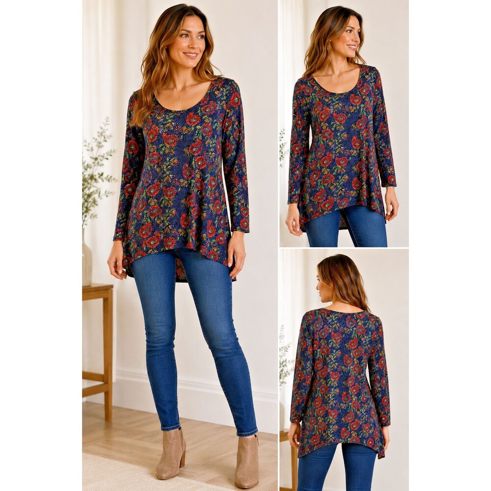 LuLaRoe Top Jewel Tone Floral High Low Hem Boho Long Sleeve Medium
